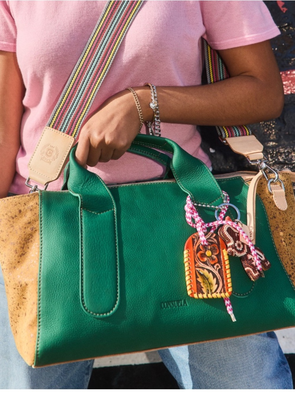 Consuela Green Teal City Satchel with Striped Strap - Picture 11 of 13